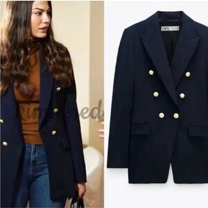 Zara Navy Blue Double-Breasted Blazer XS